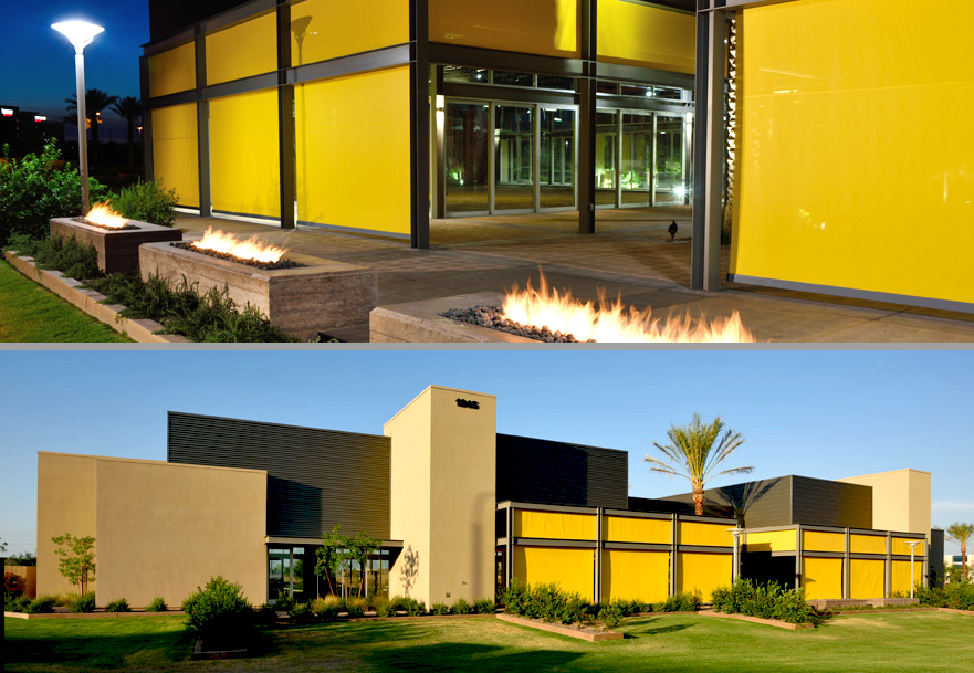 Night and day photos of Chandler, Arizona office building using photographic quartz lighting equipment