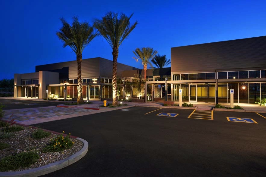 Sunset photo of Chandler, Arizona office building using photographic quartz lighting equipment