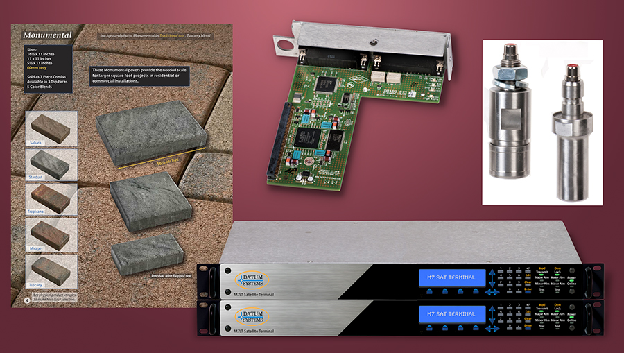 An image showing a cement paver catalog page, a chrome quick-release adapter set, a circuit poard, and two stelite modems to illustrate a viariety of studio photograpy subjets.