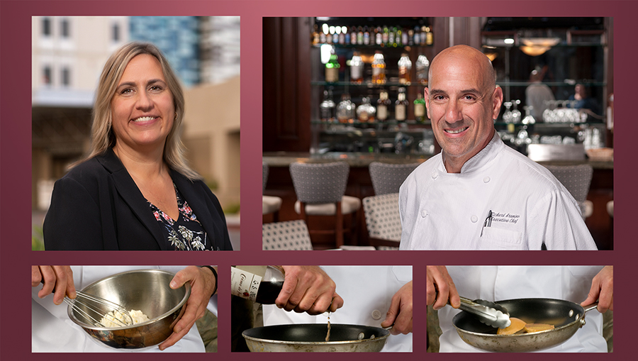 Female Medical Ecxecutive at left, 2nd portrait of chef in lounge area and below 3 images of a chef's hands at work with a bowl, a pan and pouting wine indo a pan.