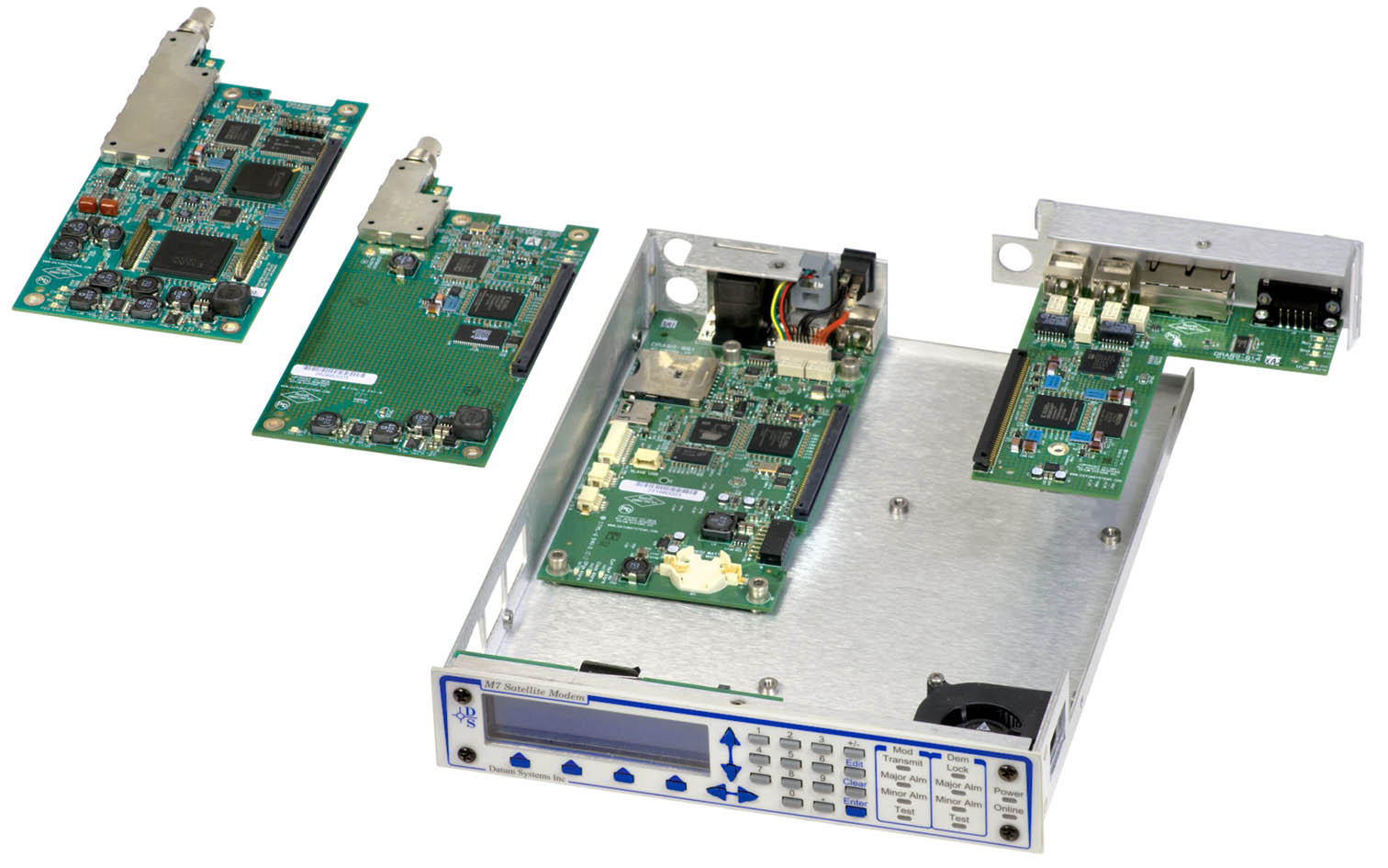 Studio photo of Datum satelite modem in exploded view showind four circuit boards